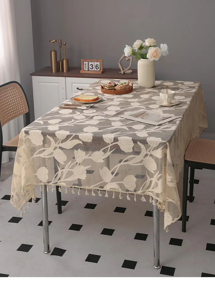 Toalha de mesa retangular de renda, decoração e acessórios, toalha de mesa simples com borla, estilo nórdico, panos para casa