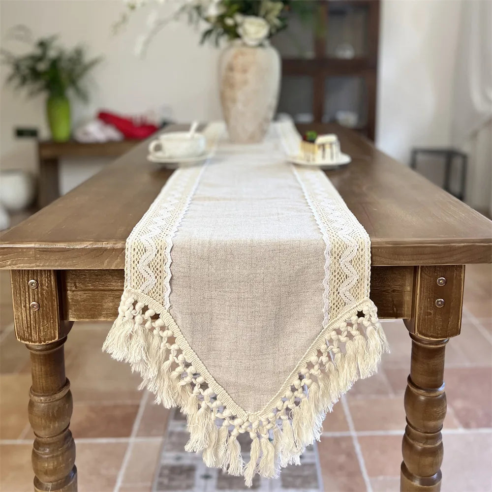Corredor de mesa versátil, crochê, macrame, renda, borlas, bege, fazenda, pano de mesa para sala de jantar, casamento, decoração de mesa artesanal