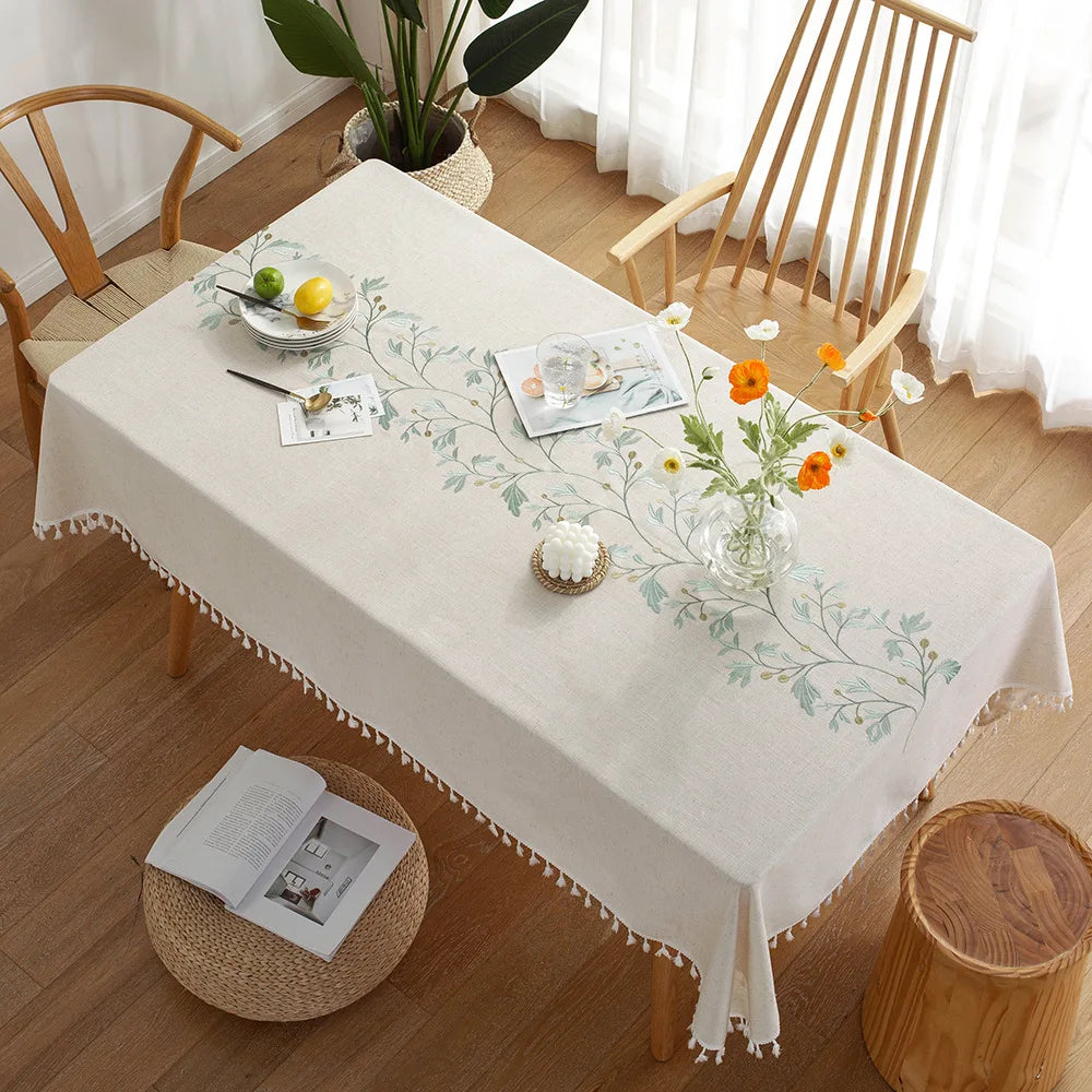 Toalhas de mesa bordadas de linho de algodão retângulo capa de mesa à prova de poeira, toalhas de mesa com padrão de flor bordada, decoração de festa