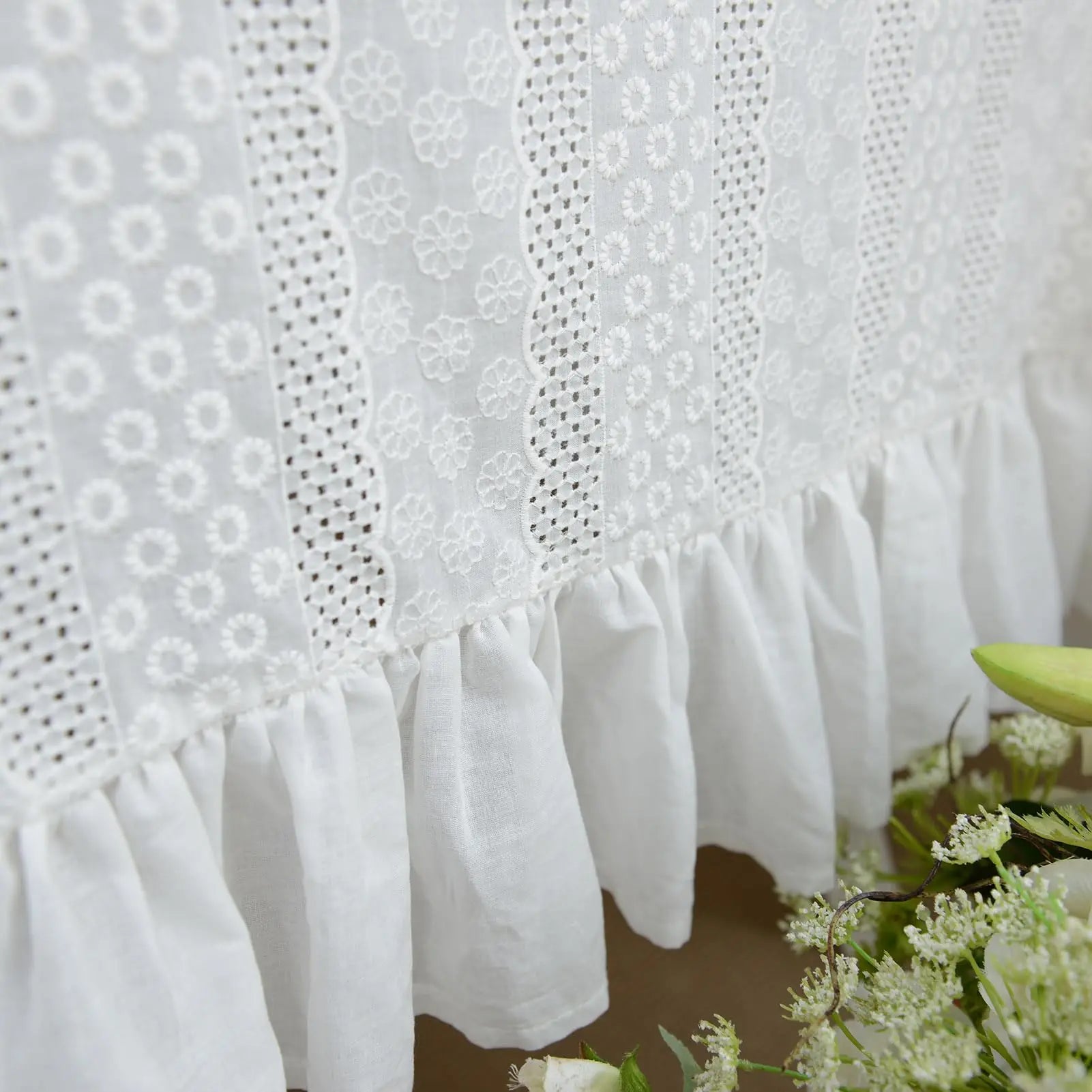 Toalha de mesa de algodão branco francês, renda bordada com babados, toalha de mesa rústica para casa, festa de feriado, natal