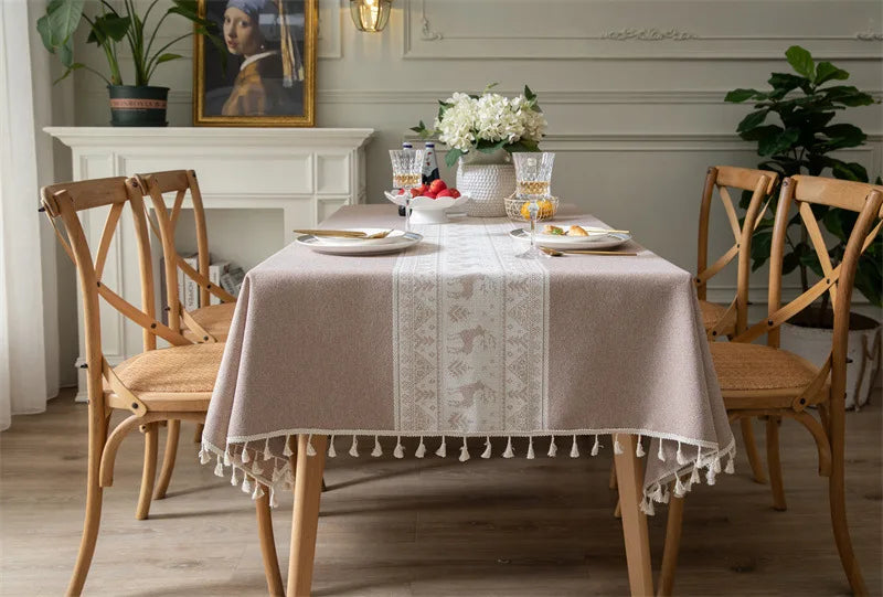 Toalha de mesa de algodão linho listra borla resistente a manchas à prova de poeira capa de mesa rústica para cozinha jantar mesa decoração de natal