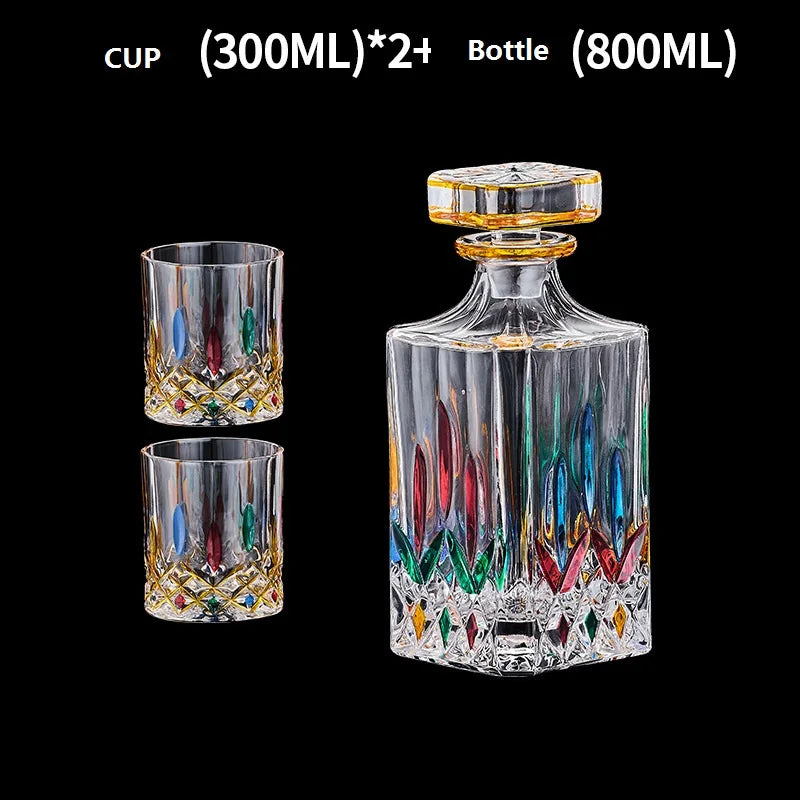 Decantador de vinho tinto de vidro de cristal, jarro de vinho estrangeiro, desenho de linha dourada, garrafa de uísque, dispensador de licor, 1 garrafa, 2 copos