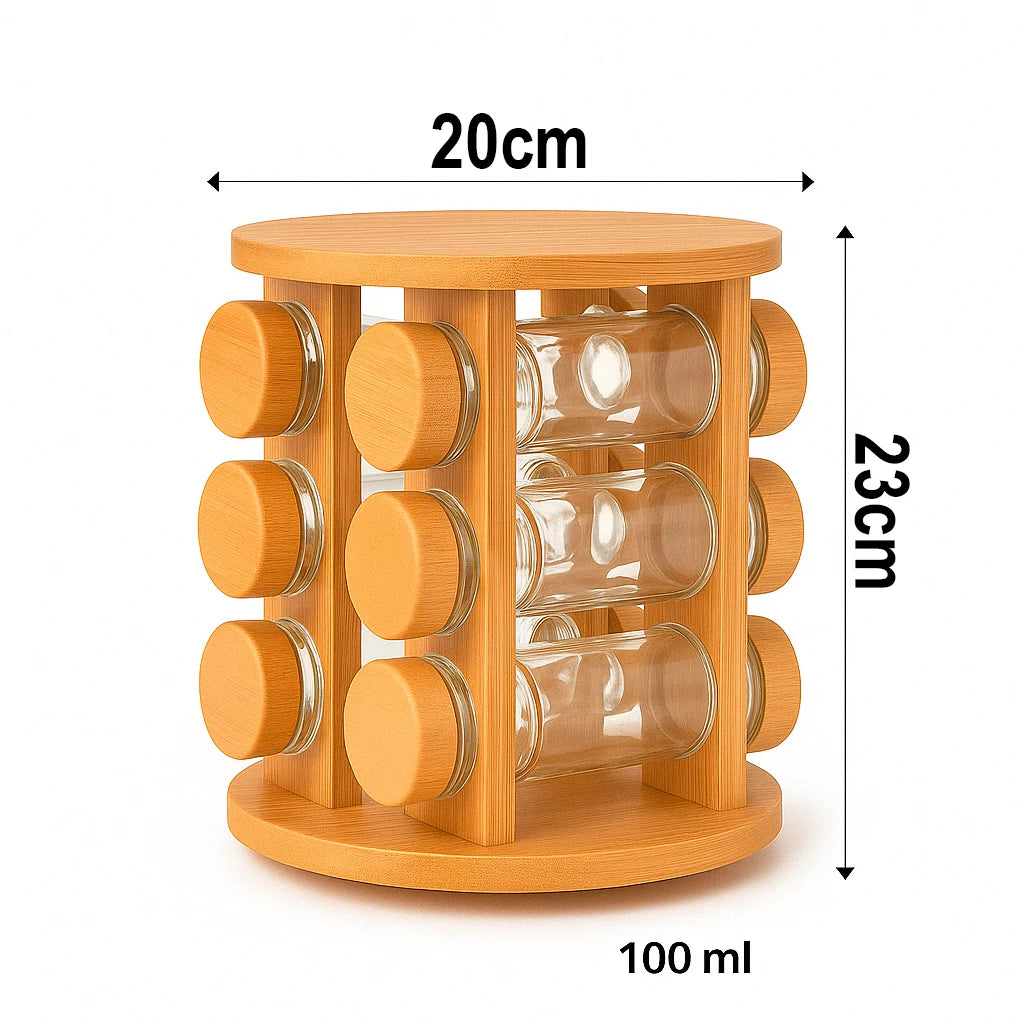 Porta Temperos Giratório Bambu com 12 Potes de Vidro Herméticos Design Sofisticado Premium