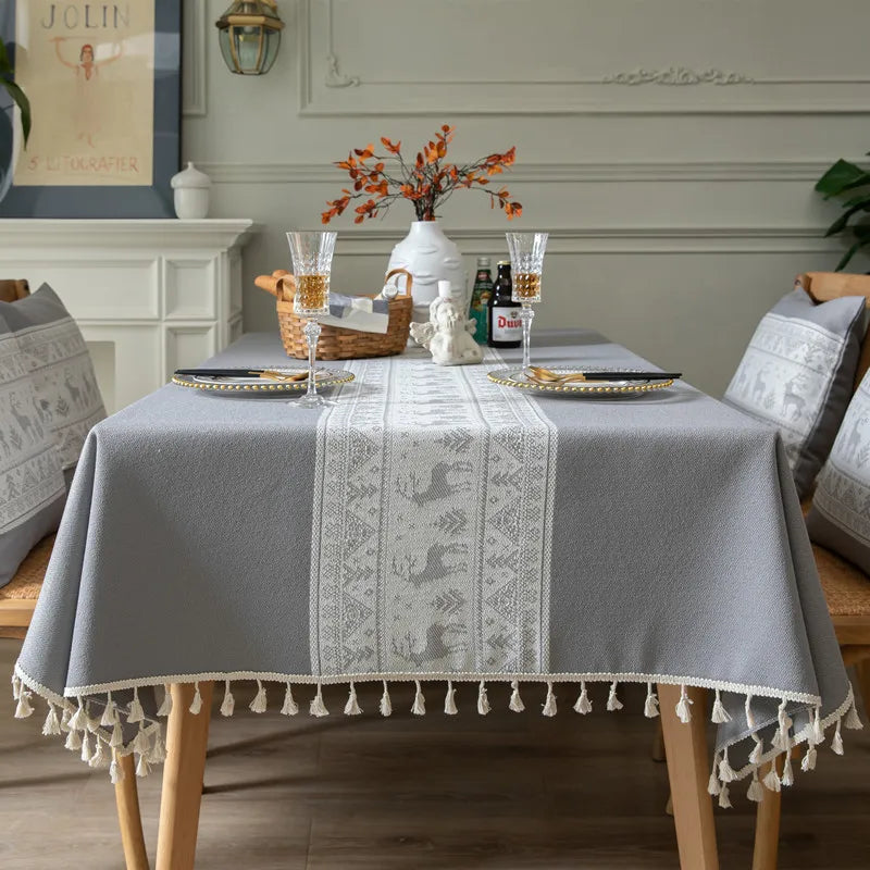 Toalha de mesa de algodão linho listra borla resistente a manchas à prova de poeira capa de mesa rústica para cozinha jantar mesa decoração de natal