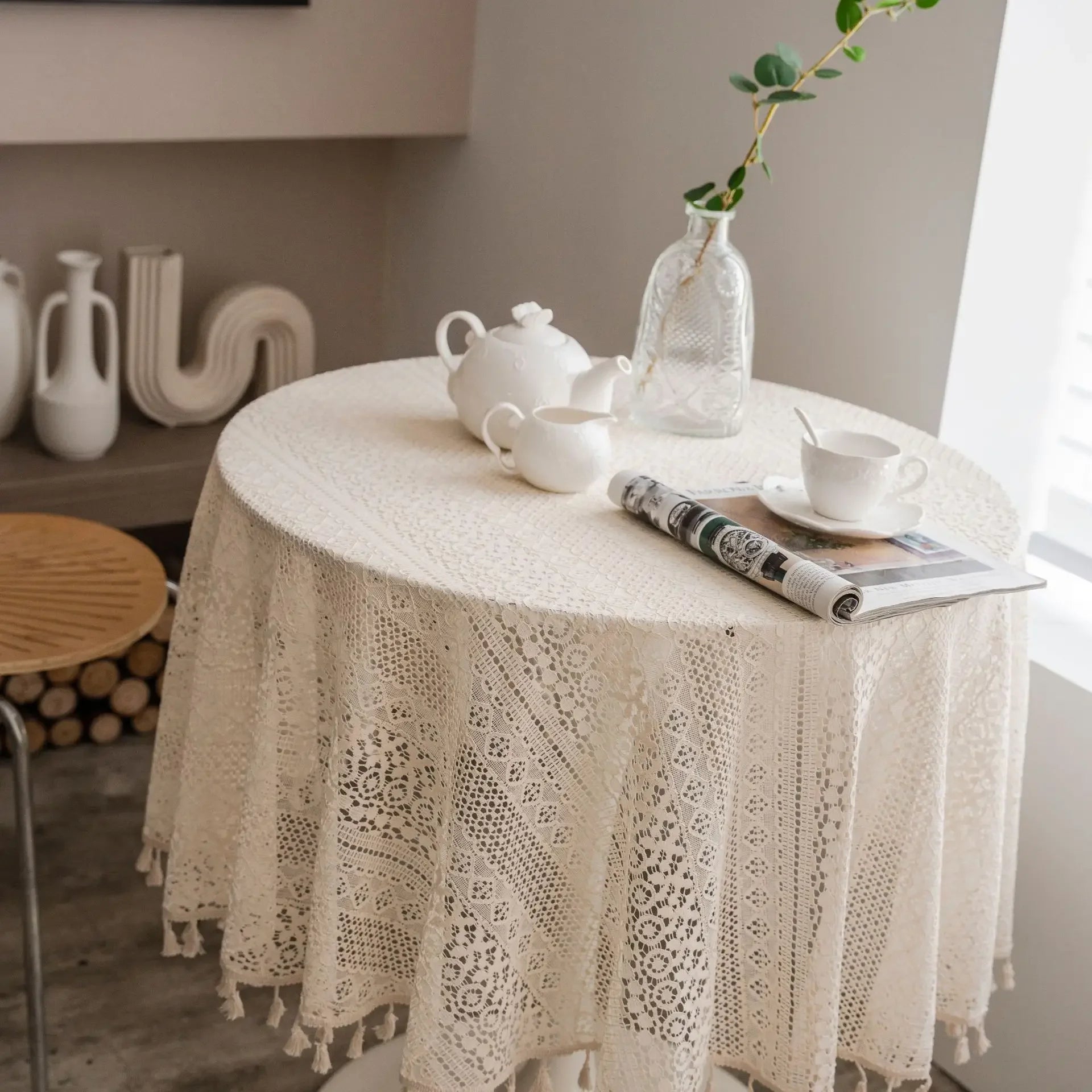 Toalha de mesa de algodão com borlas bege, fio de crochê transparente, renda translúcida para festa de casamento, cozinha, mesa de jantar decorativa