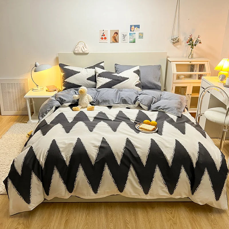 Conjunto de capa de edredom com padrão de linhas abstratas, conjunto de cama geométrica moderna, 100% algodão, capa de edredom amigável à pele com 2 fronhas