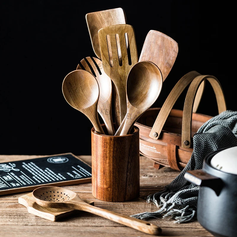 Conjunto Sofisticado de Utensílios de Cozinha em Madeira de Teca