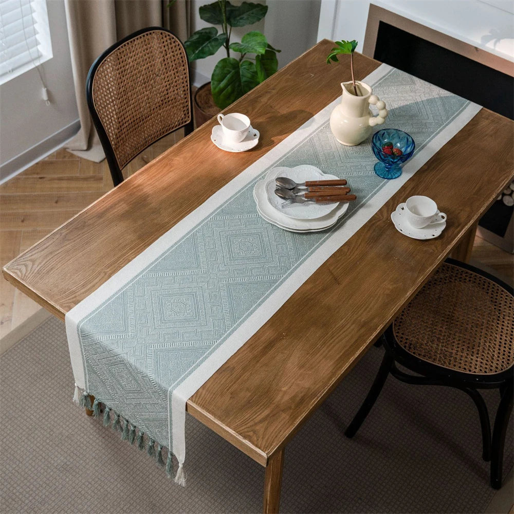 Corredor de mesa verde nórdico jacquard geométrico bandeira de mesa franja chá país toalha de mesa corredores para mesa de jantar capa decoração