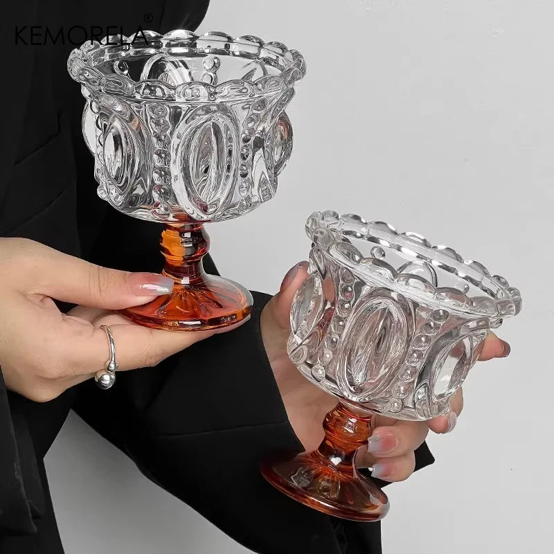 Kemorela 1/2 pçs retro em relevo copo de vidro alto canecas de uísque cristal preto casa criativa café sorvete iogurte sobremesa cálice