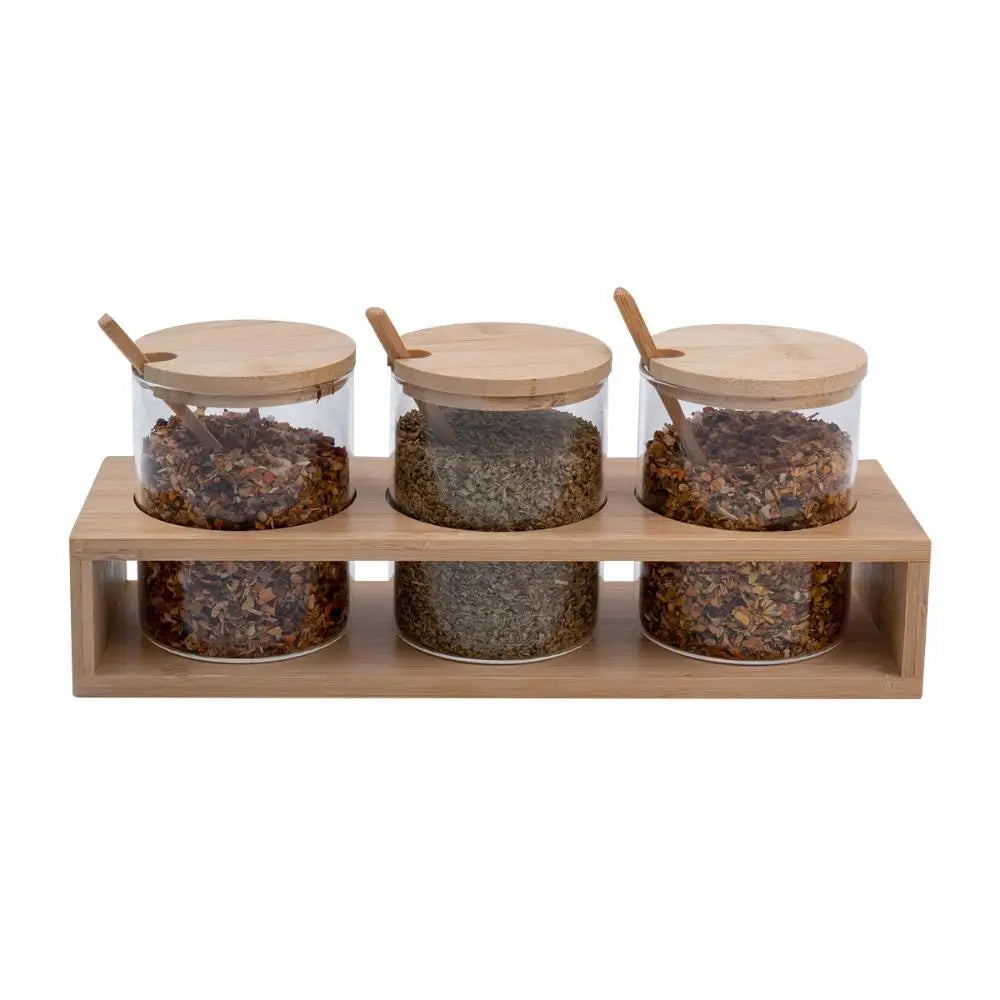 Kit 3 Potes de Vidro com Tampa e Suporte de Bambu - Casa Ornato