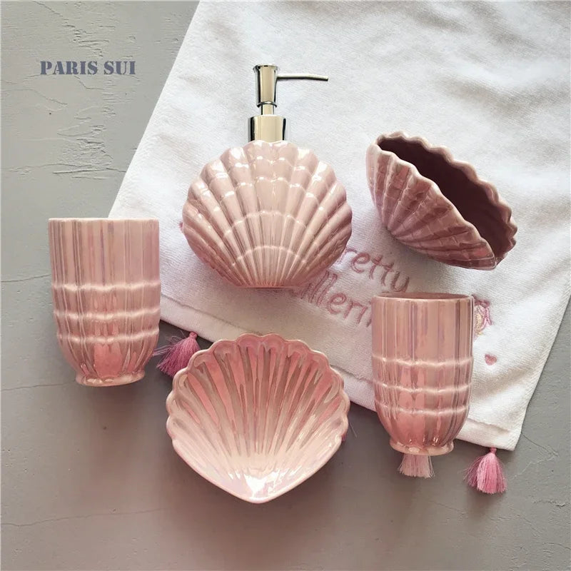Cerâmica Shell Forma Banheiro Acessório Set, Ferramentas de lavar roupa, Garrafa Mouthwash Cup, Sabão Toothbrush Holder, Artigos domésticos