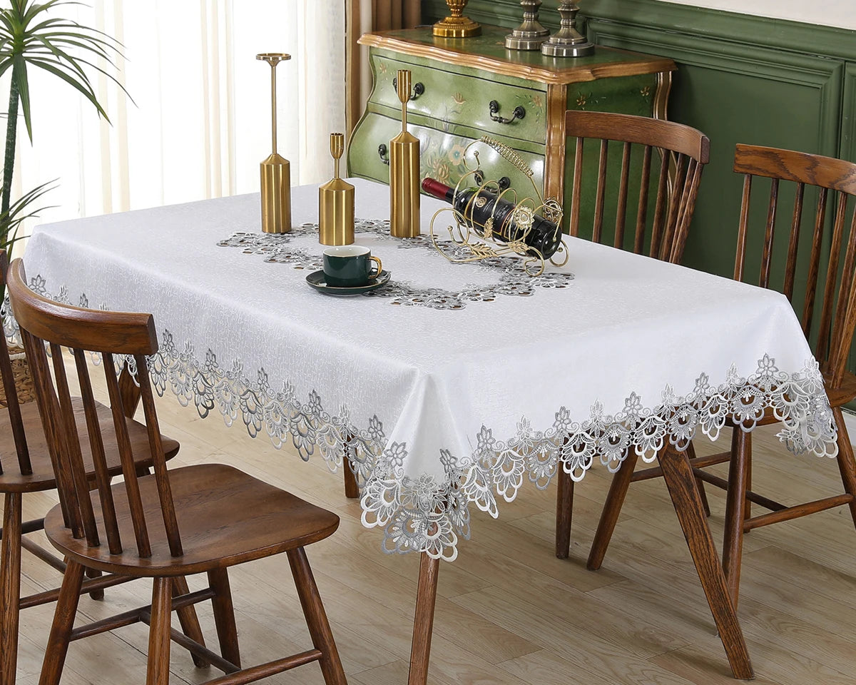 Toalha de mesa bordada de renda batilo, branca, floral, retangular, à prova d'água, para mesa de jantar, festa de casamento, casa
