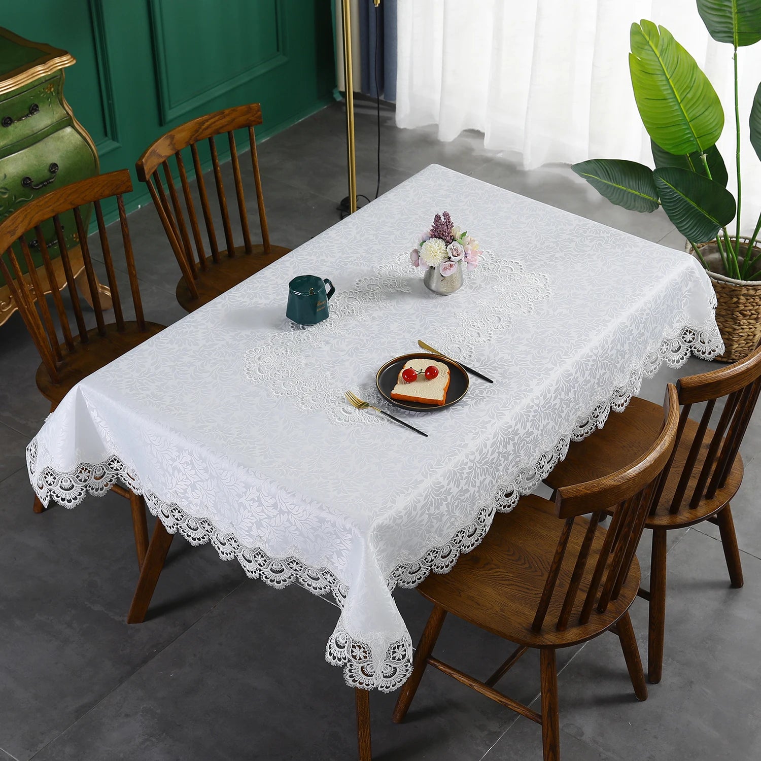 Toalha de mesa bordada de renda batilo, branca, floral, retangular, à prova d'água, para mesa de jantar, festa de casamento, casa