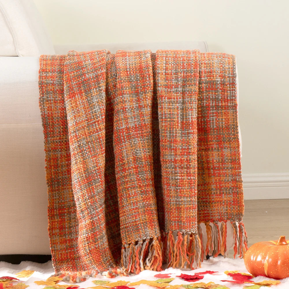 Battilo-Laranja Cobertor Boho com Borlas, cabo colorido cobertores de malha para cama, sofá decorativo outono, decoração para casa