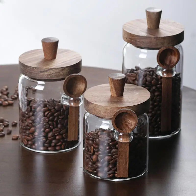 Vasos de armazenamento de alimentos de vidro com tampas de madeira colheres recipiente de alimentos grãos chá café grãos doces cozinha garrafas de armazenamento frascos