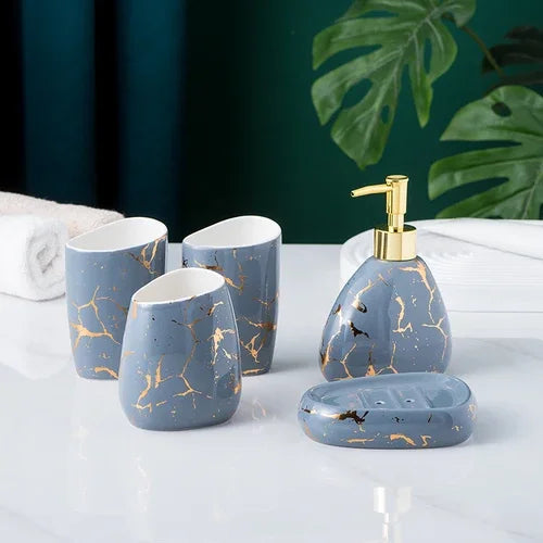 Acessórios do banheiro conjunto mármore ouro padrão cerâmica creme dental dispensador sabão caixa toothbrush titular banheiro copo loção garrafa