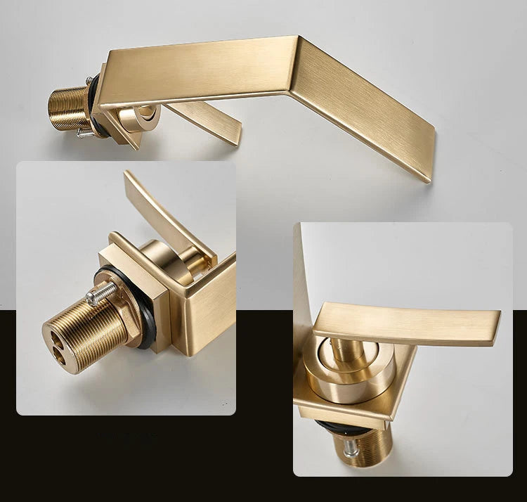 Luxo contemporâneo escovado ouro bacia de água quente & fria torneiras misturadoras pia do banheiro cachoeira bico mistura lavatório metal torneiras