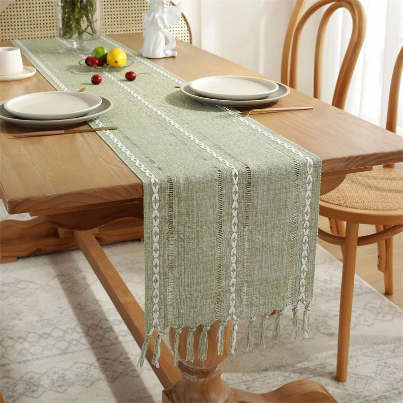 Corredor de mesa de linho de algodão, borlas tecidas à mão bordadas perfeitas para decoração de jantar de festa de casamento