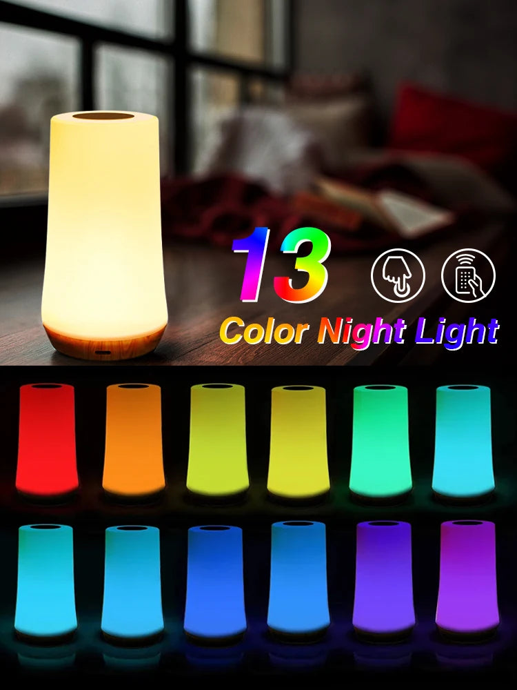 Led night light 13 mudança de cor rgb candeeiro de mesa controle remoto toque recarregável rgb noite lâmpada regulável luz cabeceira