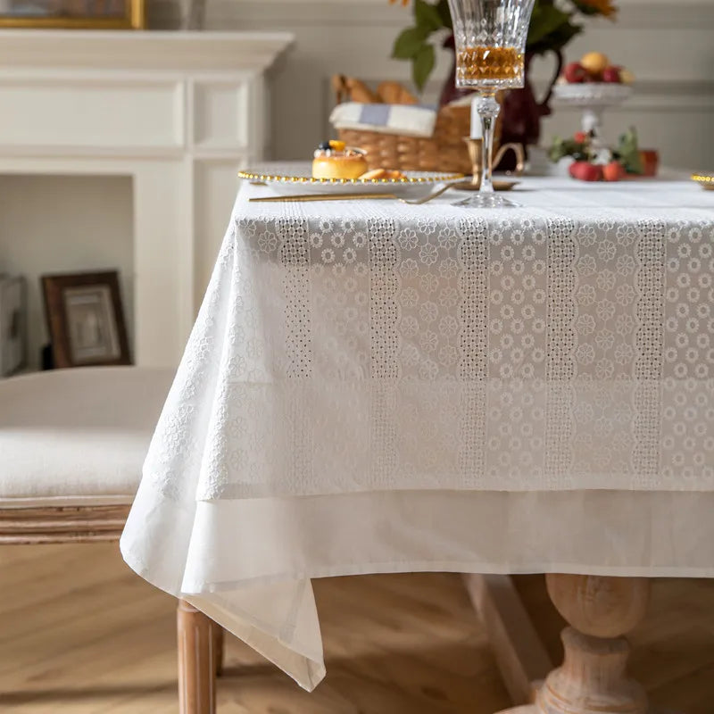 Toalha de mesa de algodão branco francês, renda bordada com babados, toalha de mesa rústica para casa, festa de feriado, natal