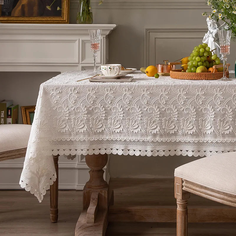 Toalha de mesa luxuosa de renda para sala de estar, quarto, mesa de festa, americana, branca, bordada, decoração de mesa