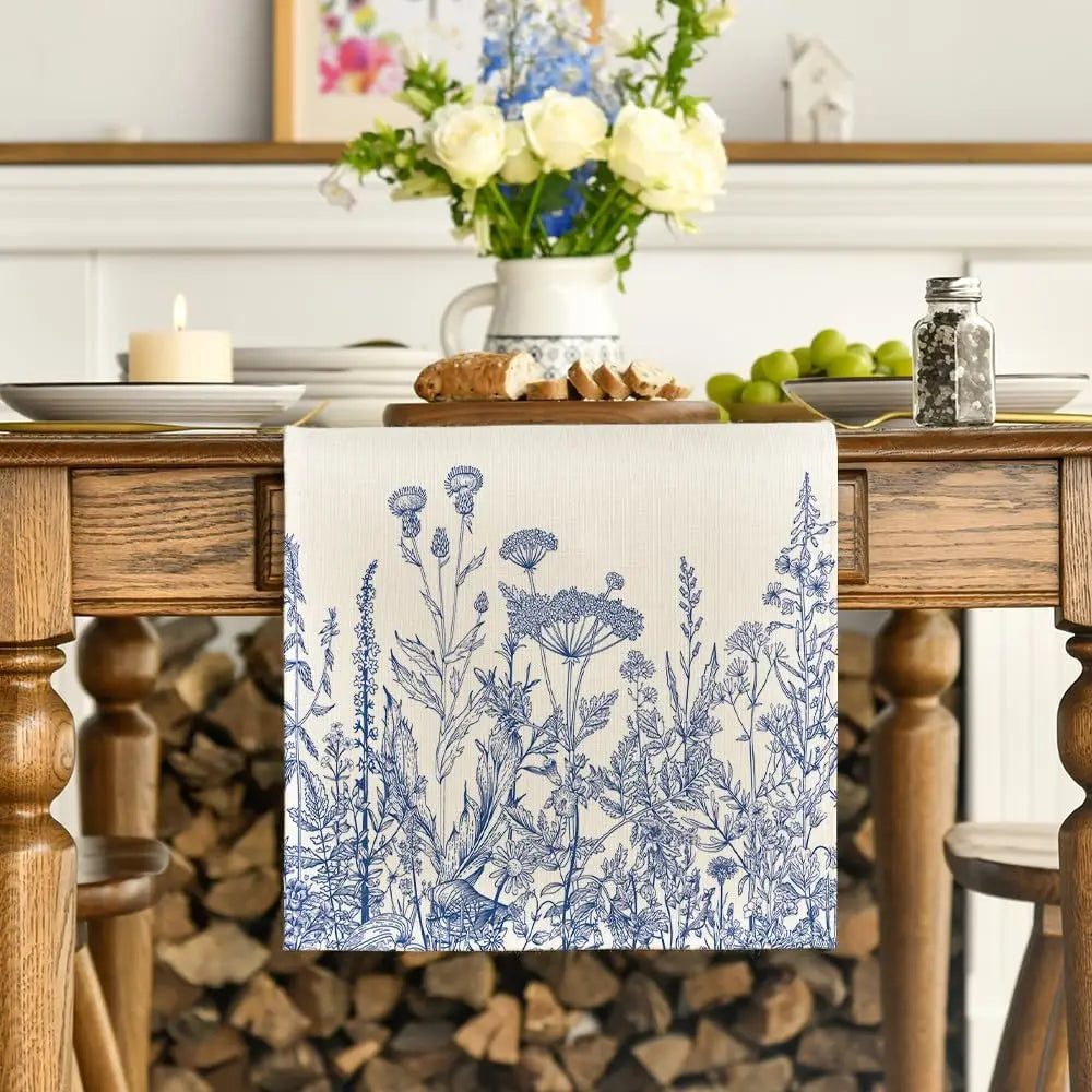 Corredor de Mesa Linho Flores Silvestres Azul Antigo - Casa Ornato