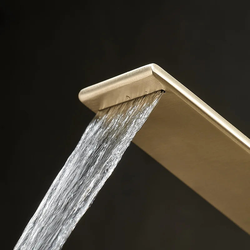 Luxo contemporâneo escovado ouro bacia de água quente & fria torneiras misturadoras pia do banheiro cachoeira bico mistura lavatório metal torneiras