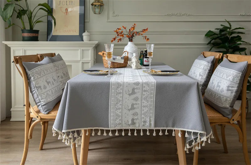 Toalha de mesa de algodão linho listra borla resistente a manchas à prova de poeira capa de mesa rústica para cozinha jantar mesa decoração de natal