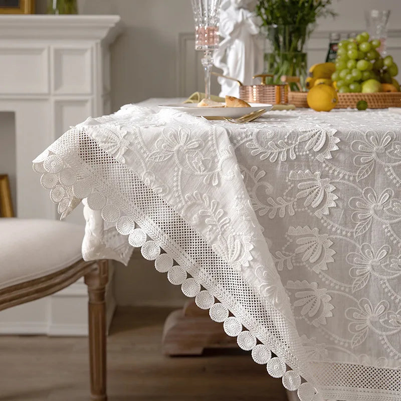 Toalha de mesa luxuosa de renda para sala de estar, quarto, mesa de festa, americana, branca, bordada, decoração de mesa