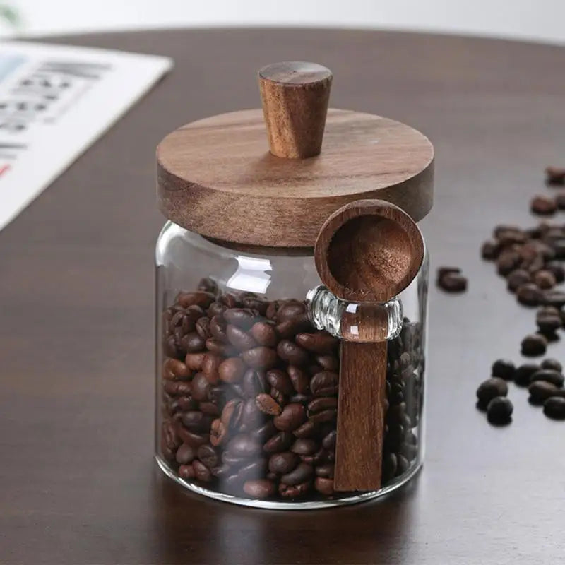 Vasos de armazenamento de alimentos de vidro com tampas de madeira colheres recipiente de alimentos grãos chá café grãos doces cozinha garrafas de armazenamento frascos