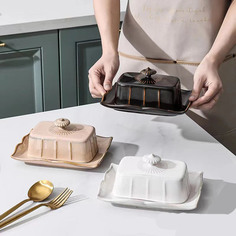 Esmalte retrô nostálgico com tampa, bandeja para lanche, utensílios de cozinha para casa, caixa de manteiga, caixa de armazenamento de queijo, prato de queijo