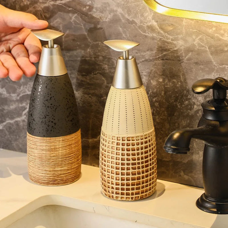 Garrafa cerâmica do distribuidor do sabão do banheiro do vintage, tipo da imprensa, recarregável, vazio, loção, champô, gel do chuveiro, 400ml