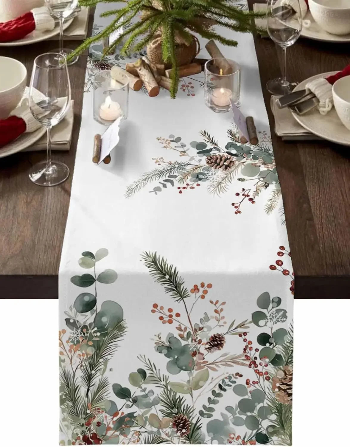 Natal botânico pinha eucalipto folhas corredores de mesa de linho decoração da sala de jantar corredores de mesa reutilizáveis decorações de natal