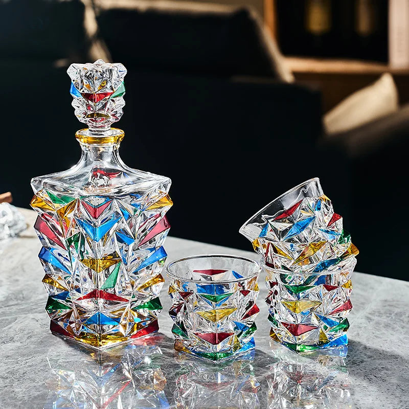 Decantador de vinho tinto de vidro de cristal, jarro de vinho estrangeiro, desenho de linha dourada, garrafa de uísque, dispensador de licor, 1 garrafa, 2 copos