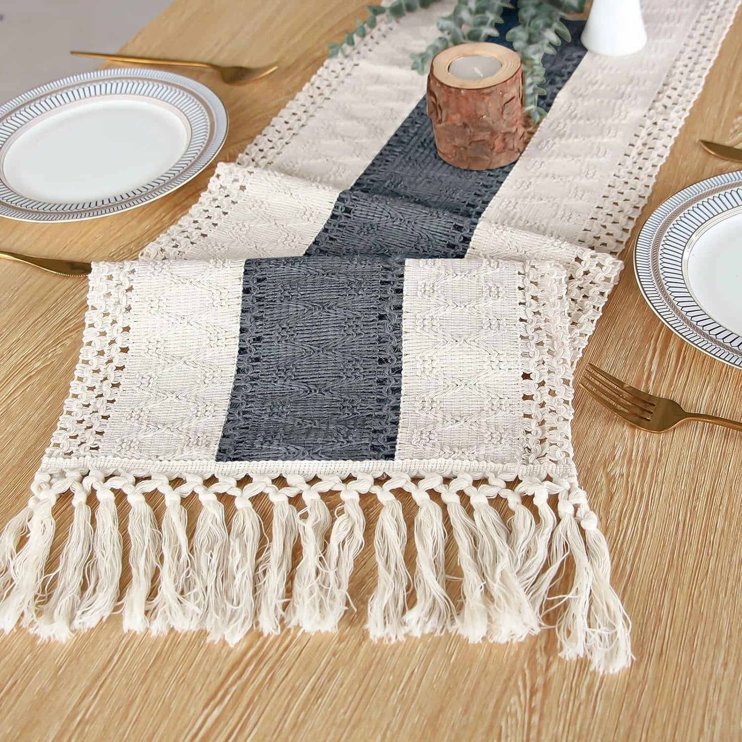 Corredor de mesa macrame creme bege e cinza boho corredor de mesa com borlas tecido à mão corredor de mesa rústico para cozinha sala de jantar