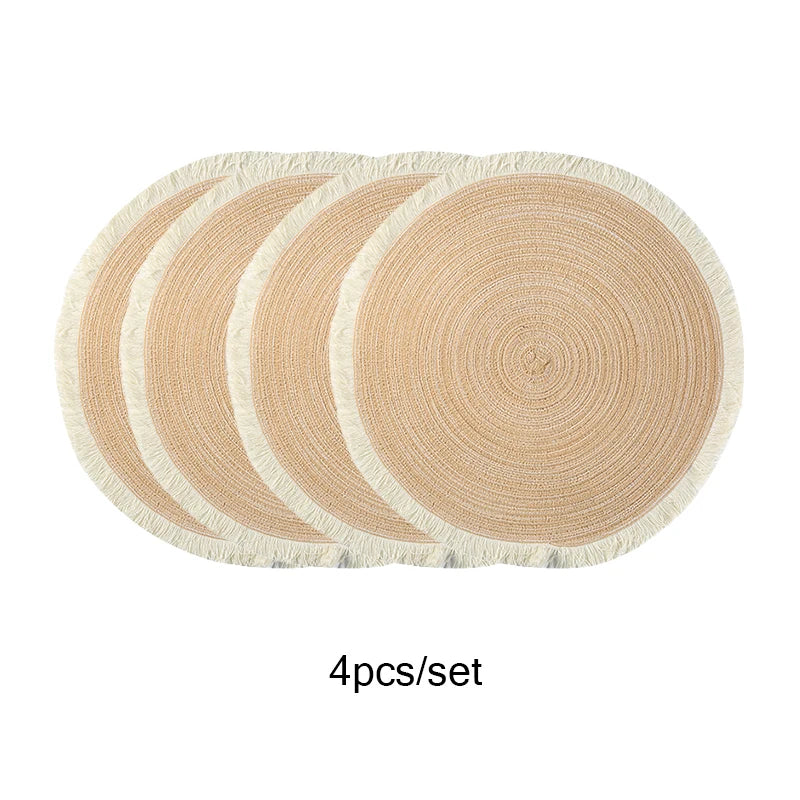 4 pçs/set venda quente franja eco-friendly casa antiderrapante estilo morden mesa tecido placemats poliéster tapete redondo