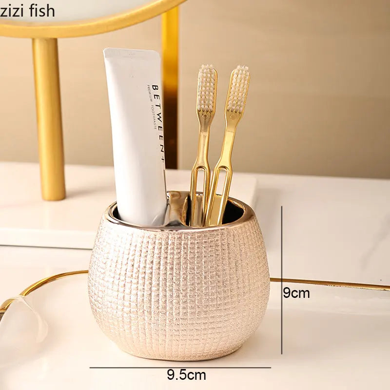 Rosa de ouro cerâmica loção garrafa bucal copo titular escova dentes casa acessórios do banheiro conjunto shampoo lavagem do corpo garrafa sabão prato