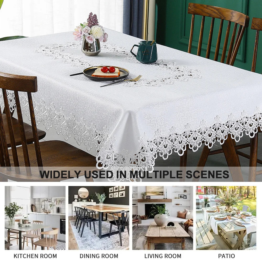 Toalha de mesa bordada de renda batilo, branca, floral, retangular, à prova d'água, para mesa de jantar, festa de casamento, casa