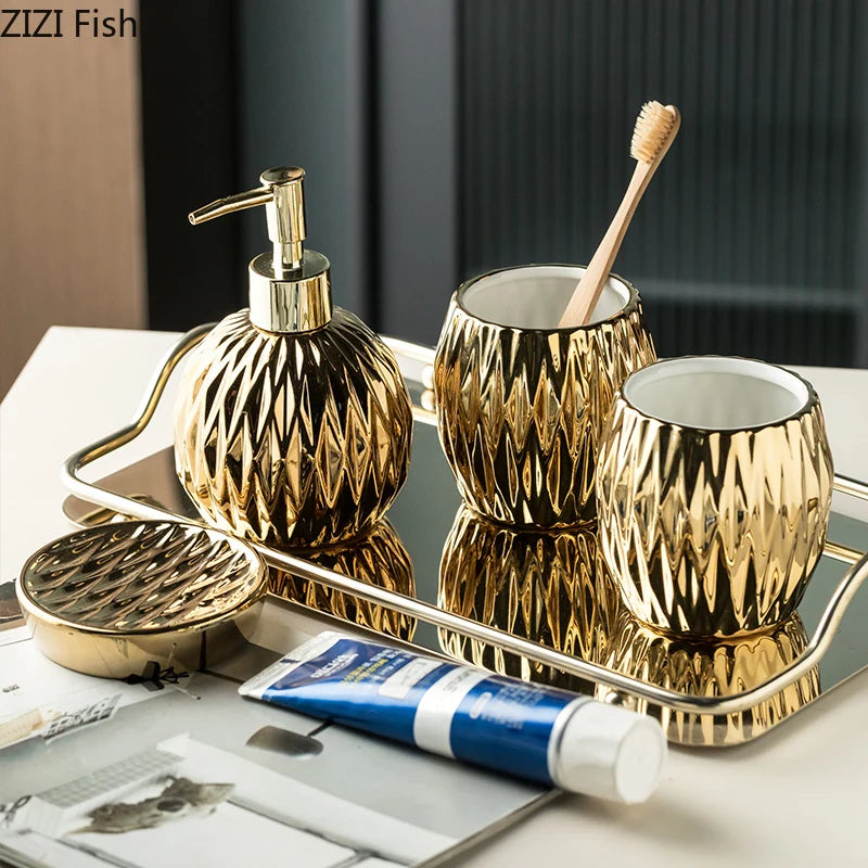 Luz de luxo galvanizado cerâmica conjunto lavagem criativo dispensador sabão bucal copo saboneteira conjunto casa acessórios do banheiro conjunto
