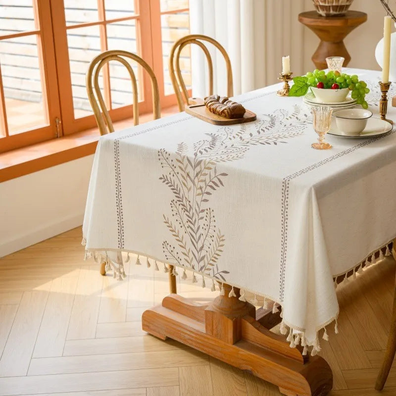 Toalhas de mesa bordadas de linho de algodão retângulo capa de mesa à prova de poeira, toalhas de mesa com padrão de flor bordada, decoração de festa