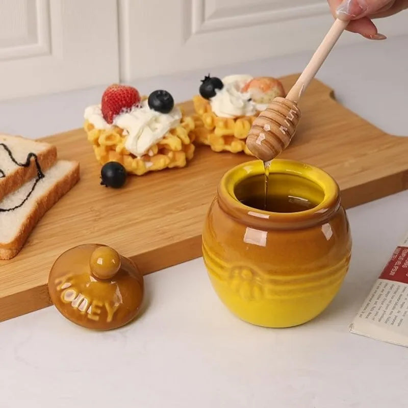 Frasco Cerâmico de Mel com Dipper e Tampa Elegante - Casa Ornato