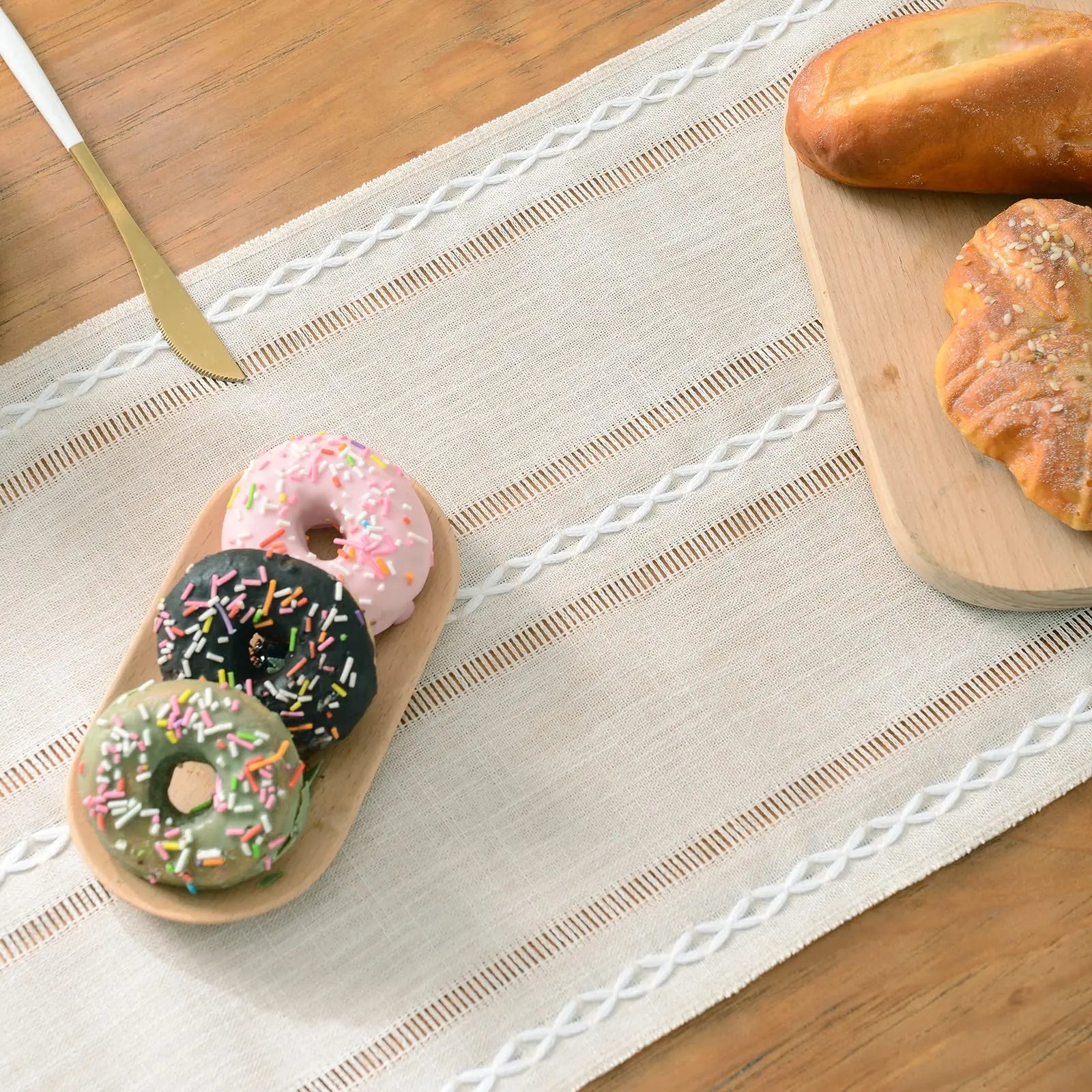 Corredor de mesa de linho, corredor de mesa rústico com borlas para jantar, cozinha, café, festa, cômoda, decoração, verde marfim