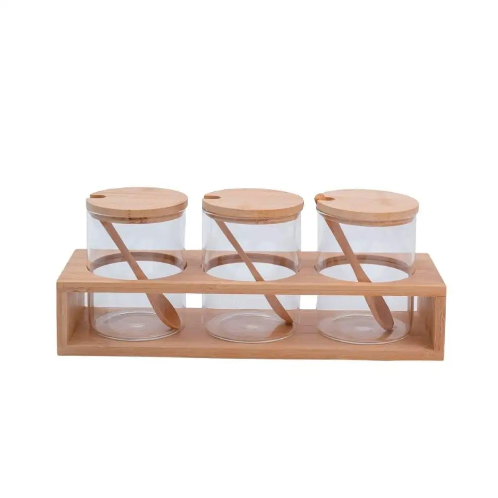 Kit 3 Potes de Vidro com Tampa e Suporte de Bambu - Casa Ornato