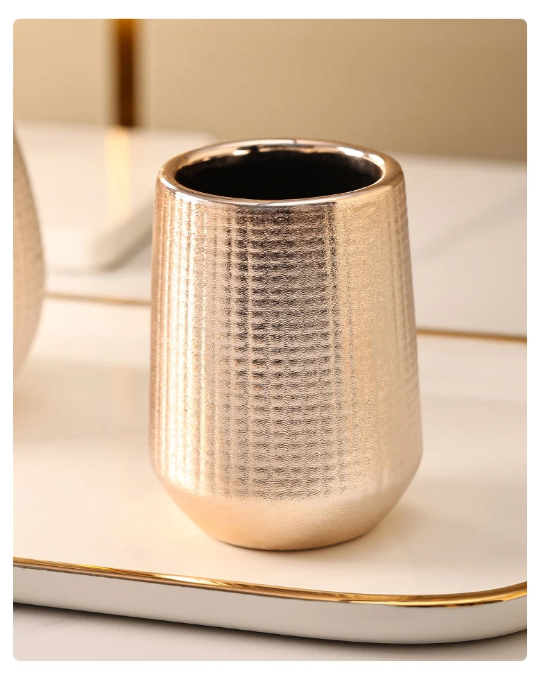 Rosa de ouro cerâmica loção garrafa bucal copo titular escova dentes casa acessórios do banheiro conjunto shampoo lavagem do corpo garrafa sabão prato