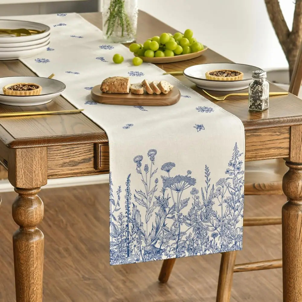 Corredor de Mesa Linho Flores Silvestres Azul Antigo - Casa Ornato