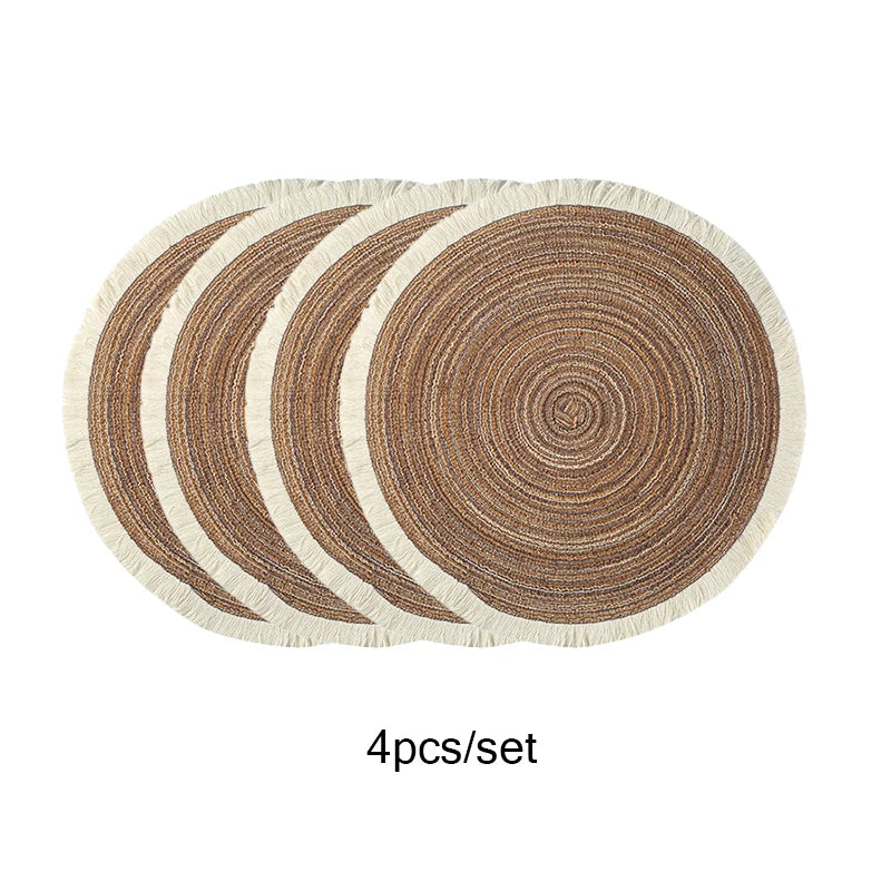 4 pçs/set venda quente franja eco-friendly casa antiderrapante estilo morden mesa tecido placemats poliéster tapete redondo