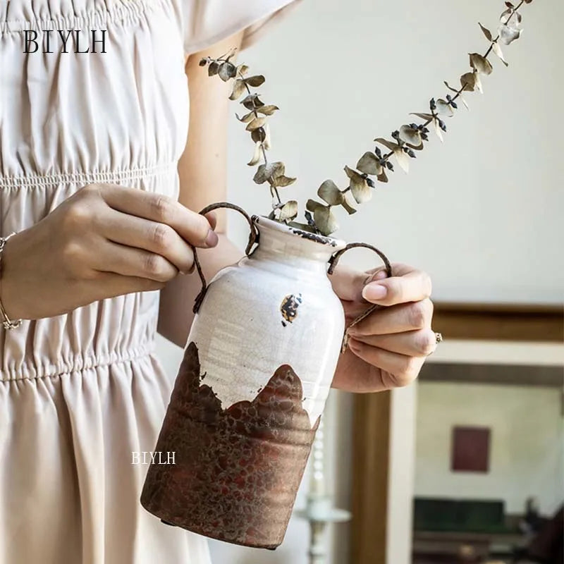 Vaso cerâmico do estilo nórdico com punho dobro, ferro velho retro, forjado, decoração home, tabletop, ornamentos da flor
