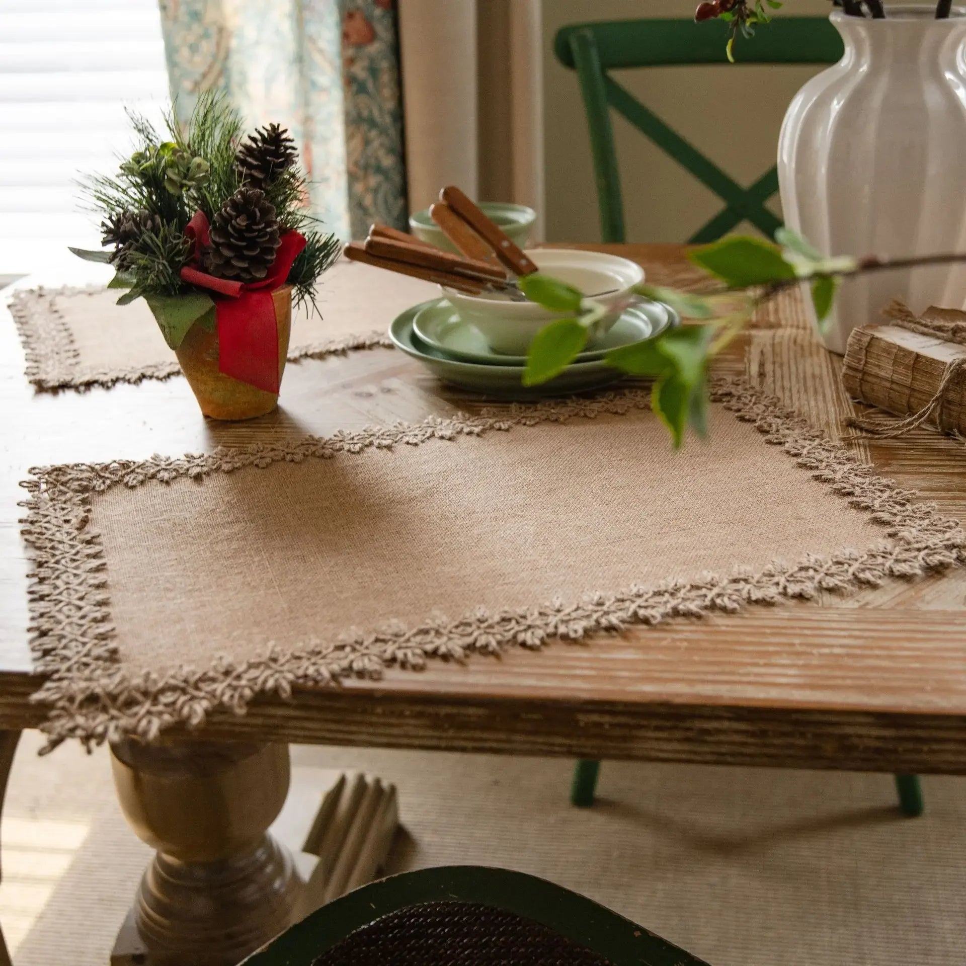 Vintage Farmhouse Tabletop Place Mat, Esteira de mesa natural com laço de juta, Corredor para festas de casamento, Decoração cotidiana, 6pcs