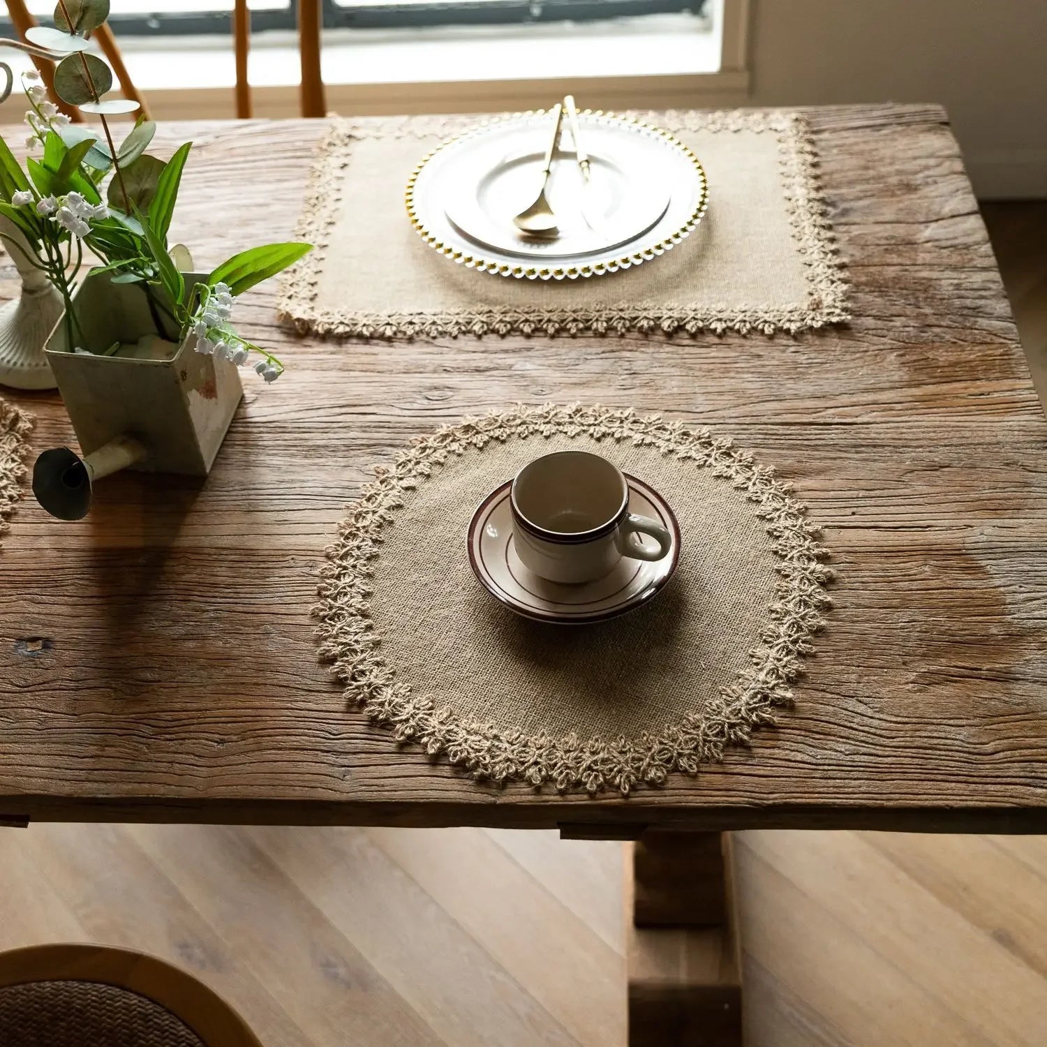 Vintage Farmhouse Tabletop Place Mat, Esteira de mesa natural com laço de juta, Corredor para festas de casamento, Decoração cotidiana, 6pcs