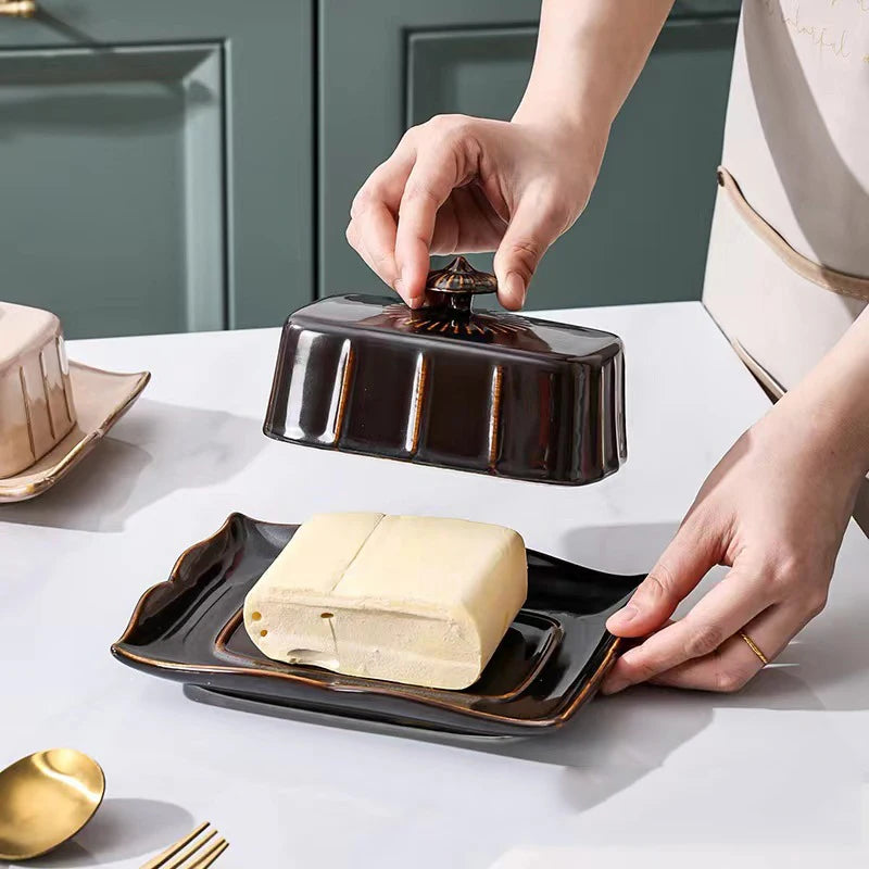 Esmalte retrô nostálgico com tampa, bandeja para lanche, utensílios de cozinha para casa, caixa de manteiga, caixa de armazenamento de queijo, prato de queijo